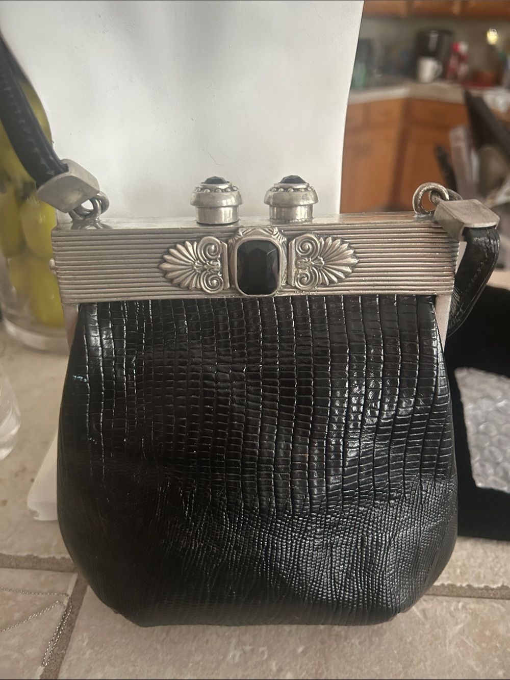 Moulin Rouge Vintage Black Lizard-Texture Evening Bag with Silver Frame